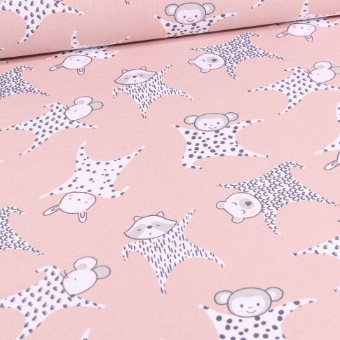Tissu Coton imprimé Arty Peluches doudou sur fond Rose bébé