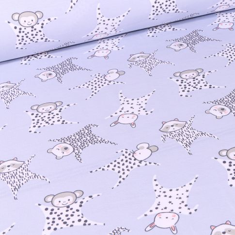 Tissu Jersey coton Peluches doudou sur fond Bleu ciel