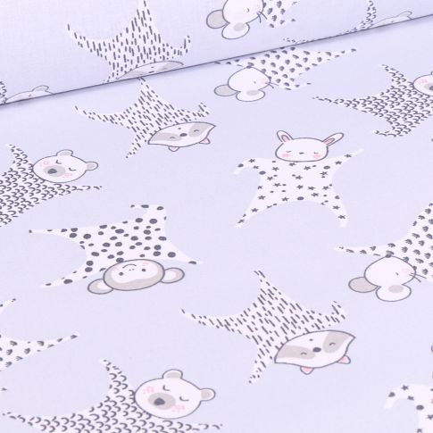 Tissu Coton imprimé Arty Peluches doudou sur fond Bleu ciel
