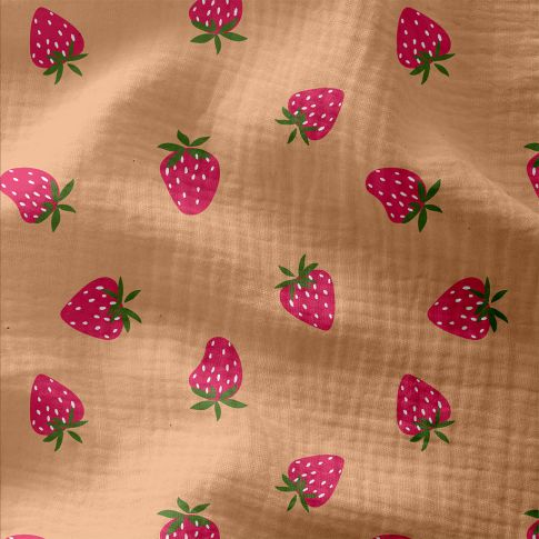 Tissu Double gaze Coton Frangola Fraise sur fond Melon