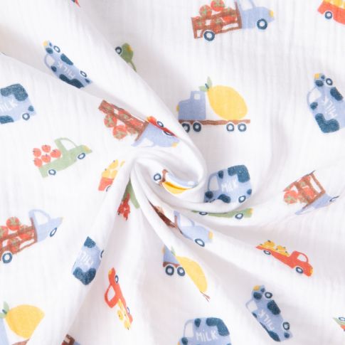 Tissu Double gaze Fresh petits camions Bleu sur fond Blanc