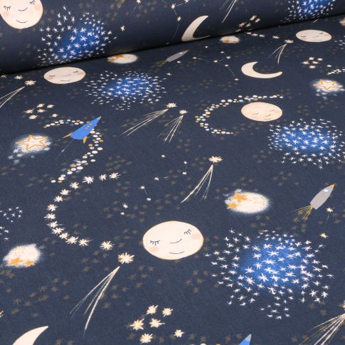Tissu Coton imprimé Arty Fullmoon sur fond Bleu marine