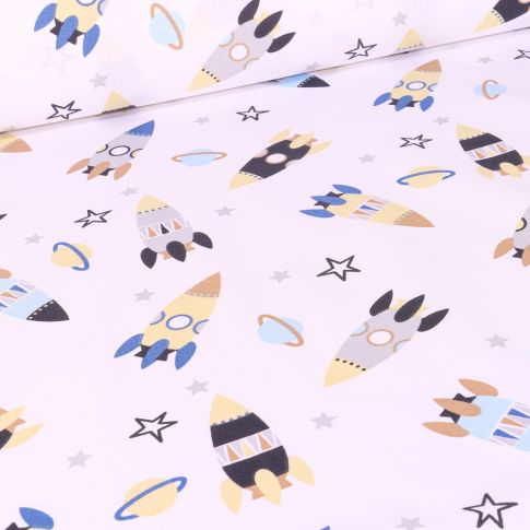 Tissu Coton imprimé Arty Fusée astro sur fond Blanc