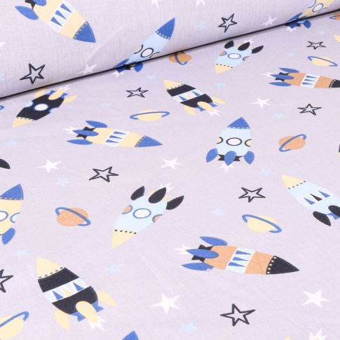 Tissu Coton imprimé Arty Fusée spatiale sur fond Gris