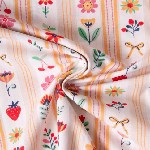 Tissu Coton imprimé Arty Fleuris et fraises Galy sur fond Ecru