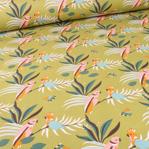 Tissu Coton imprimé Arty Gaori sur fond Vert anis