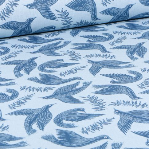 Tissu Coton imprimé Arty Geai sur fond Bleu ciel