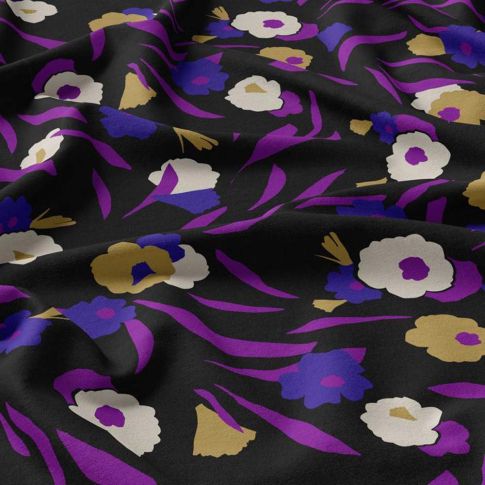 Tissu Viscose Geoia violet sur fond Noir
