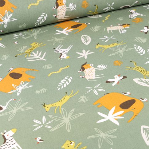 Tissu Coton imprimé Arty Gnou sur fond Vert kaki clair