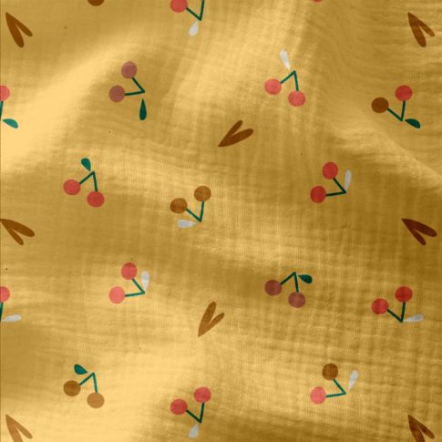Tissu Double gaze imprimé Griottes rouges sur fond Jaune