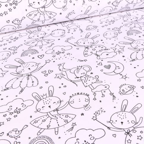 Tissu Coton imprimé Doudou féerique sur fond Blanc