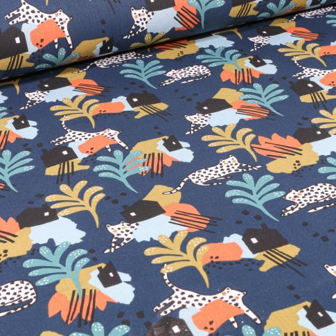 Tissu Coton imprimé Arty Panthère et village sur fond Bleu nuit