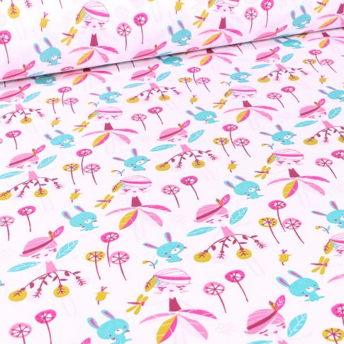 Tissu Coton imprimé Arty Fée des fleurs sur fond Blanc