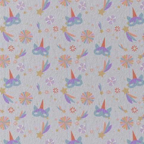 Tissu Jersey Coton Masques carnaval sur fond Bleu ciel