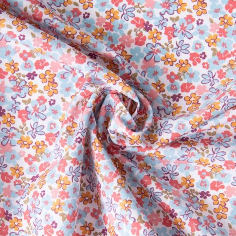 Tissu Coton imprimé Arty Fleuris Bleu et rose sur fond Blanc