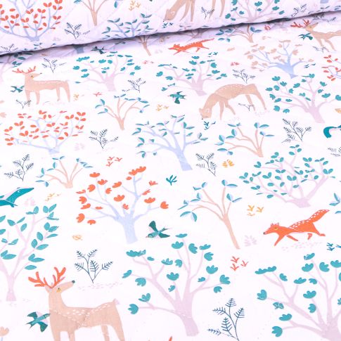 Tissu Matelassé Certs et renards sur fond Blanc