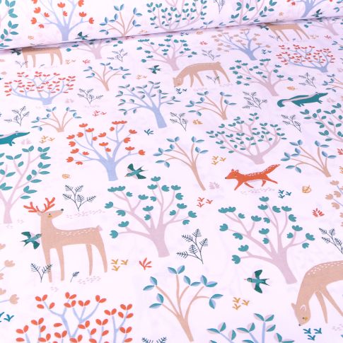 Tissu Coton imprimé Arty Cerfs et renards sur fond Blanc