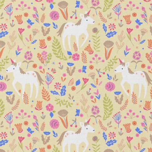 Tissu Coton enduit Licorne fleuris sur fond Jaune