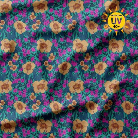 Tissu Lycra maillot de bain anti UV fleurs Julora jaunes sur fond Bleu canard