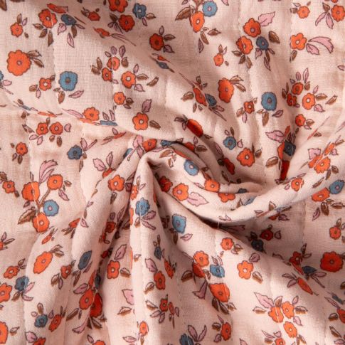 Tissu Double gaze de Coton Matelassé Fleuris réversible Seersucker rayé sur fond Rose pâle
