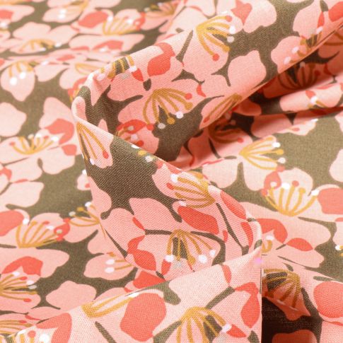 Tissu Coton imprimé Arty Kameko rose sur fond Bronze