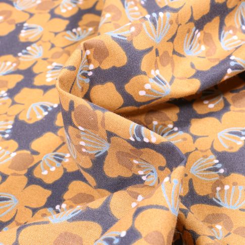 Tissu Coton imprimé Arty Kameko ocre sur fond Bleu
