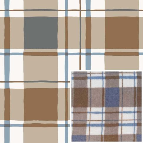Tissu Fausse fourrure Mouton Carreaux Camel et bleu sur fond Ecru