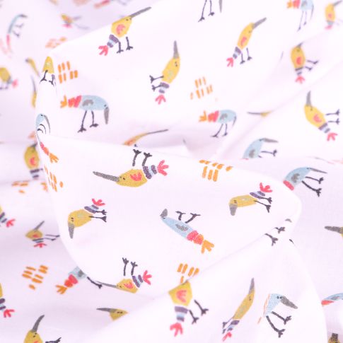 Tissu Coton imprimé Arty Oiseaux colorés sur fond Blanc
