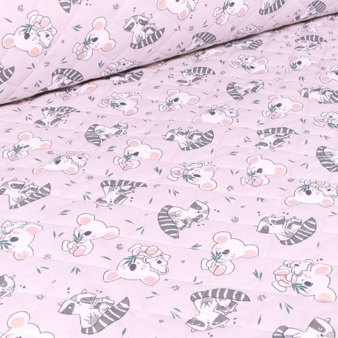 Tissu Matelassé Raton Laveur et Koala sur fond Taupe