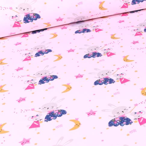 Tissu Jersey coton Lapine fée sur fond Rose pâle