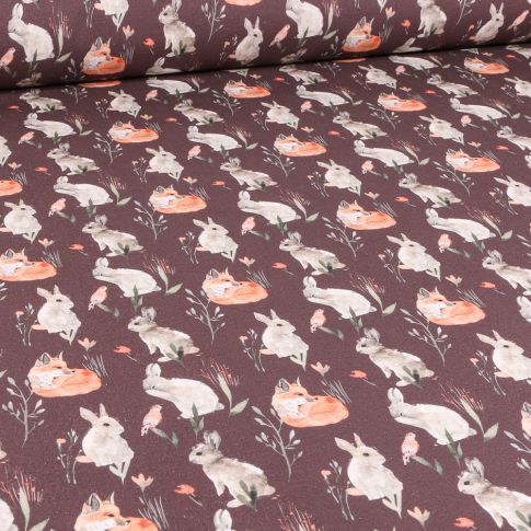 Tissu Coton imprimé Arty Lapins et renards sur fond Bordeaux