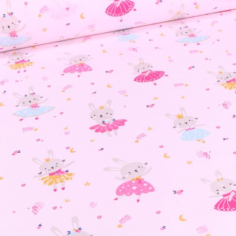 Tissu Coton imprimé Arty Lapine danseuse sur fond Rose