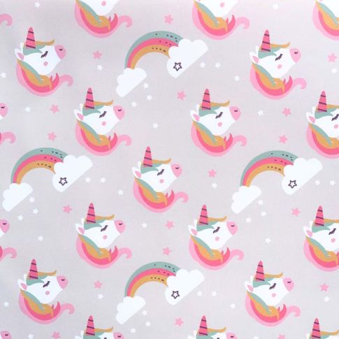 Tissu Imperméable déperlant Lilyane Licorne sur fond Bleu gris