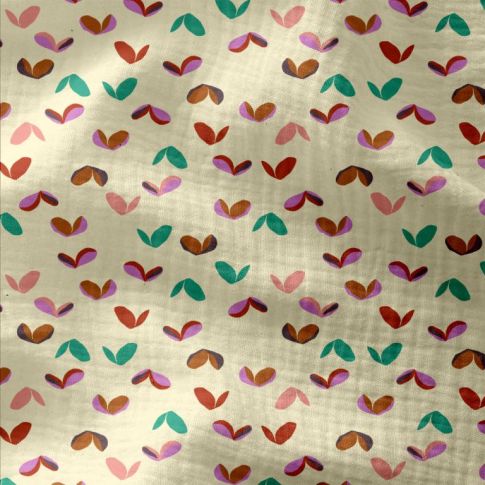 Tissu Double gaze imprimé Loove rose sur fond Ecru