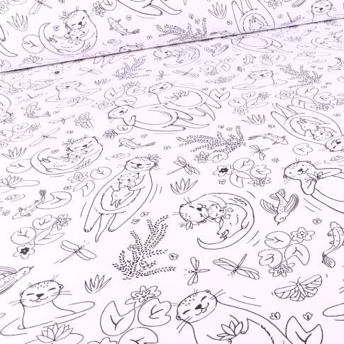 Tissu Coton imprimé Arty Loutre sur fond Blanc