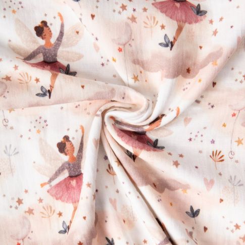 Tissu Double gaze de Coton digital Fées Ludmi sur fond Rose pâle