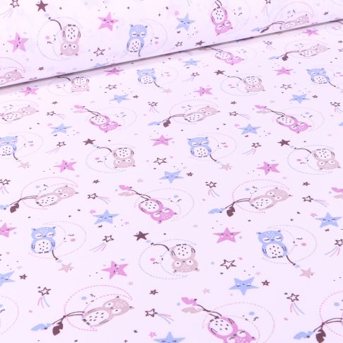 Tissu Coton imprimé Arty Chouettes dans la lune sur fond Blanc