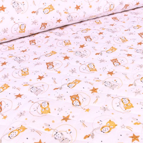 Tissu Matelassé Chouettes et étoiles sur fond Blanc