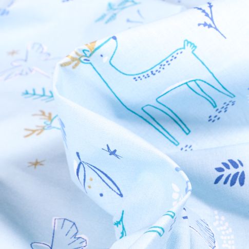 Tissu Coton imprimé Arty Anges at animaux dorés sur fond Bleu ciel