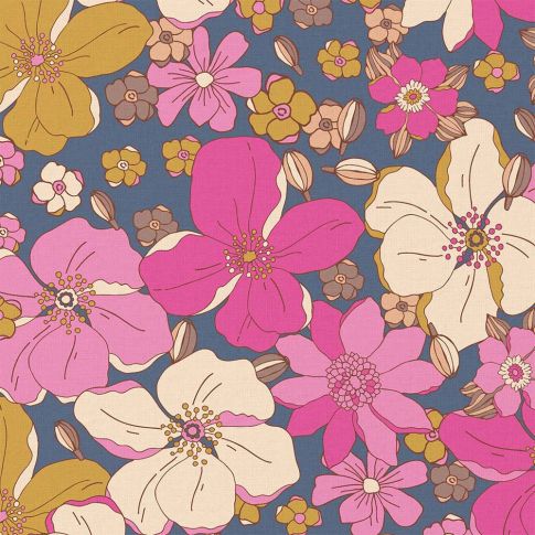 Tissu Coton imprimé Arty Mamish fleuris rose sur fond Bleu denim