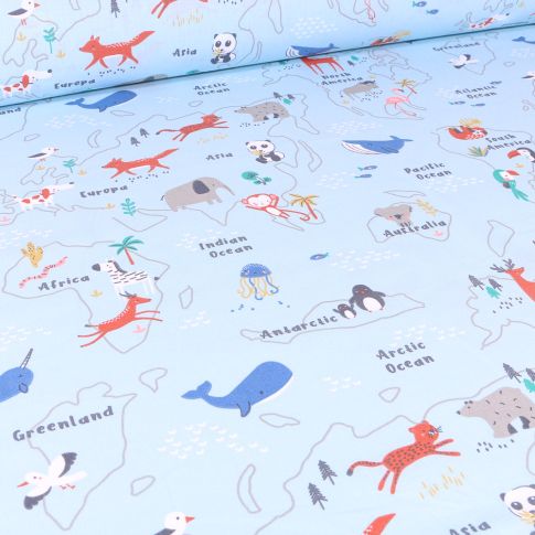 Tissu Coton imprimé Arty Mapzoo sur fond Bleu ciel