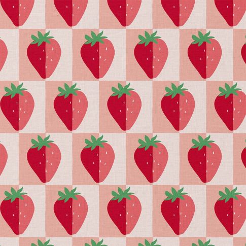 Tissu Coton enduit Mariguette fraise sur fond Rose
