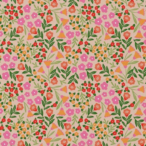 Tissu Coton enduit Martine Fleuris sur fond Rose saumon