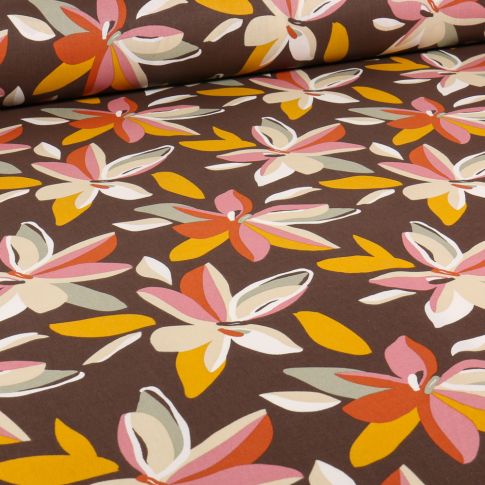 Tissu Coton imprimé Arty Maxine sur fond Cacao