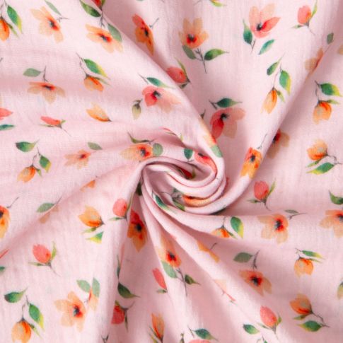 Tissu Double gaze de Coton digital Fleurs Miman sur fond Rose clair