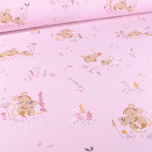 Tissu Coton imprimé Arty Minissou sur fond Rose bébé