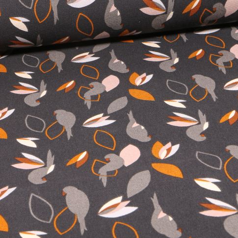 Tissu Toile de Coton Perruches sur fond Gris anthracite