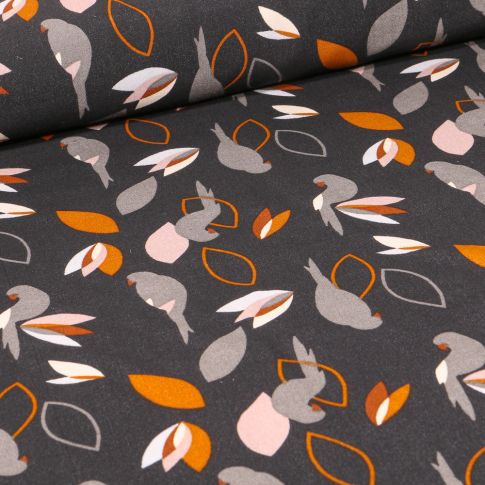 Tissu Viscose Arty Perruches sur fond Gris anthracite
