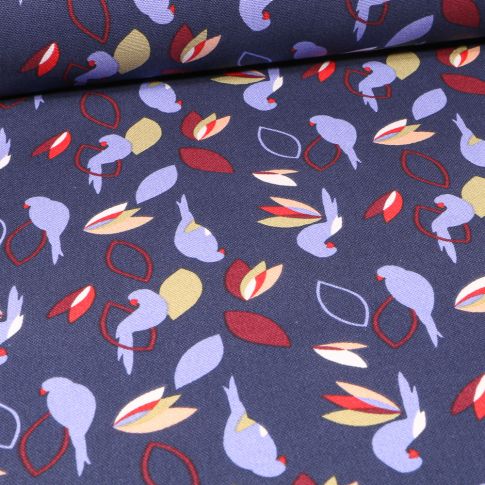 Tissu Toile de Coton Perruches sur fond Bleu nuit