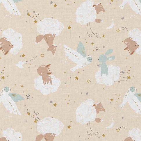 Tissu Coton imprimé Arty Mistou nuages et animaux sur fond Cassonade
